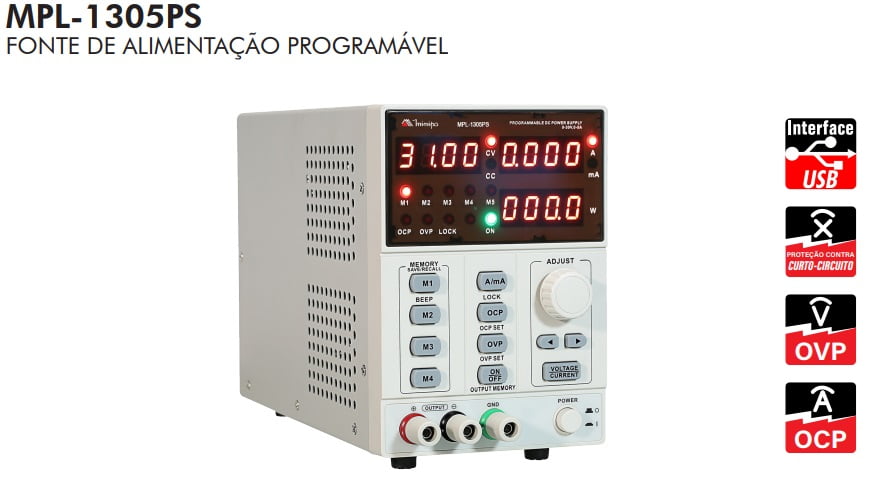 Fonte de Alimentação DC Assimétrica (30V/5A-simples) PROGRAMÁVEL - MINIPA - MPL-1305PS