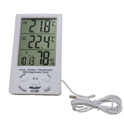Termo-Higrômetro-Relógio Máx/Mín (Temp Int/Ext) - SOLDEN - HT-220 Termo-Higrômetro-Relógio Máx/Mín (Temp Int/Ext) - SOLDEN - HT-220